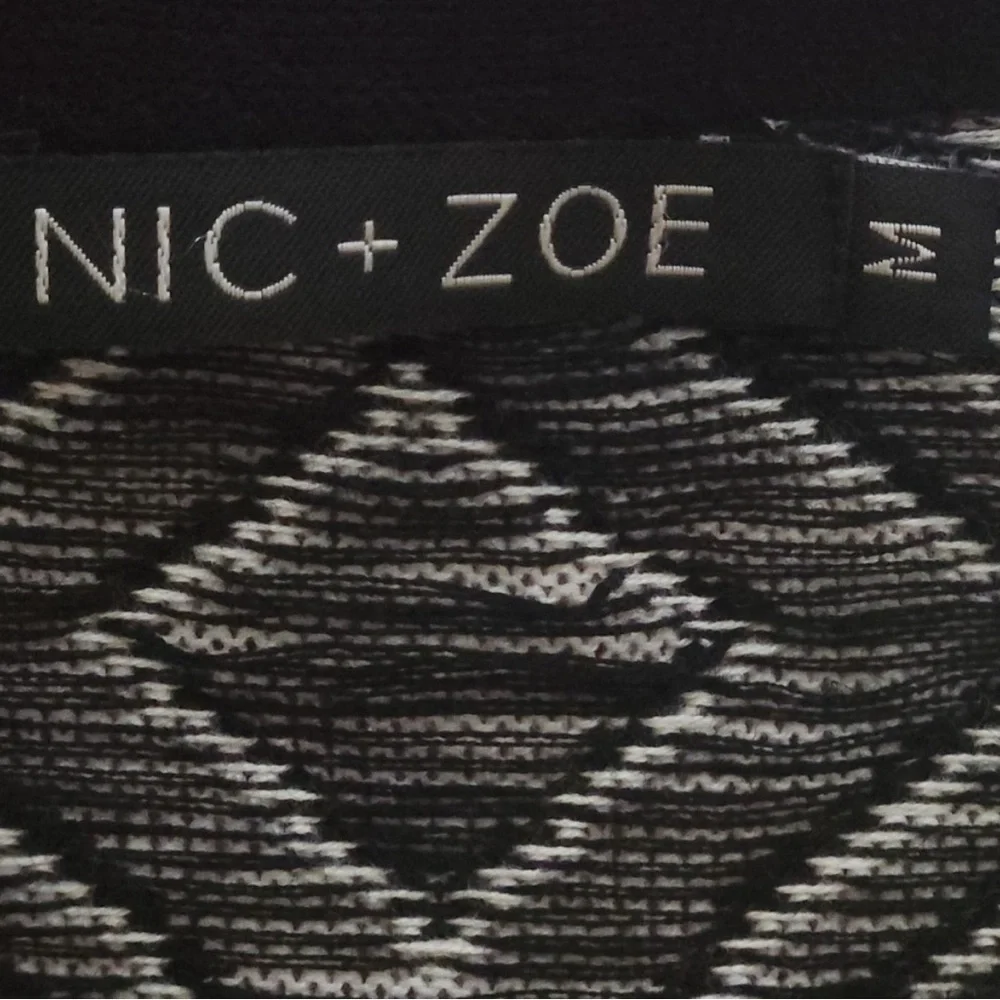 NIC + ZOE Geometric Diamond Knit Open Front Cardigan Sweater Black White Medium